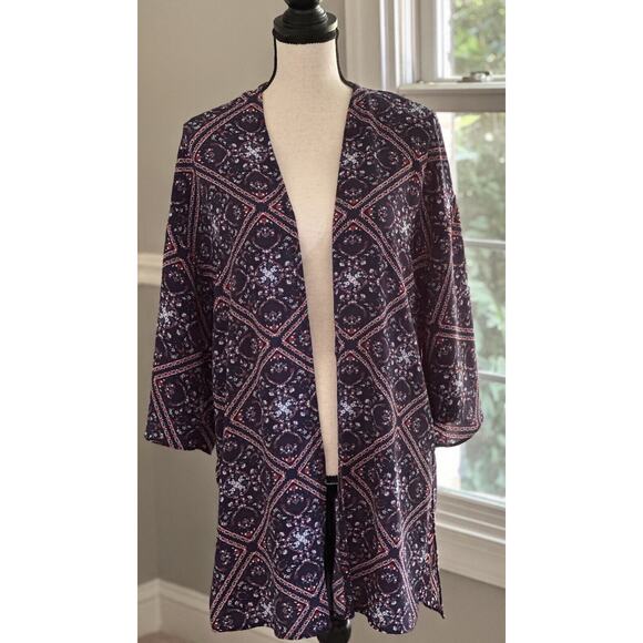 PINK ROSE Boho Longline Navy Blue Floral White Red Kimono Cardigan Coverup SZ L - Picture 1 of 7